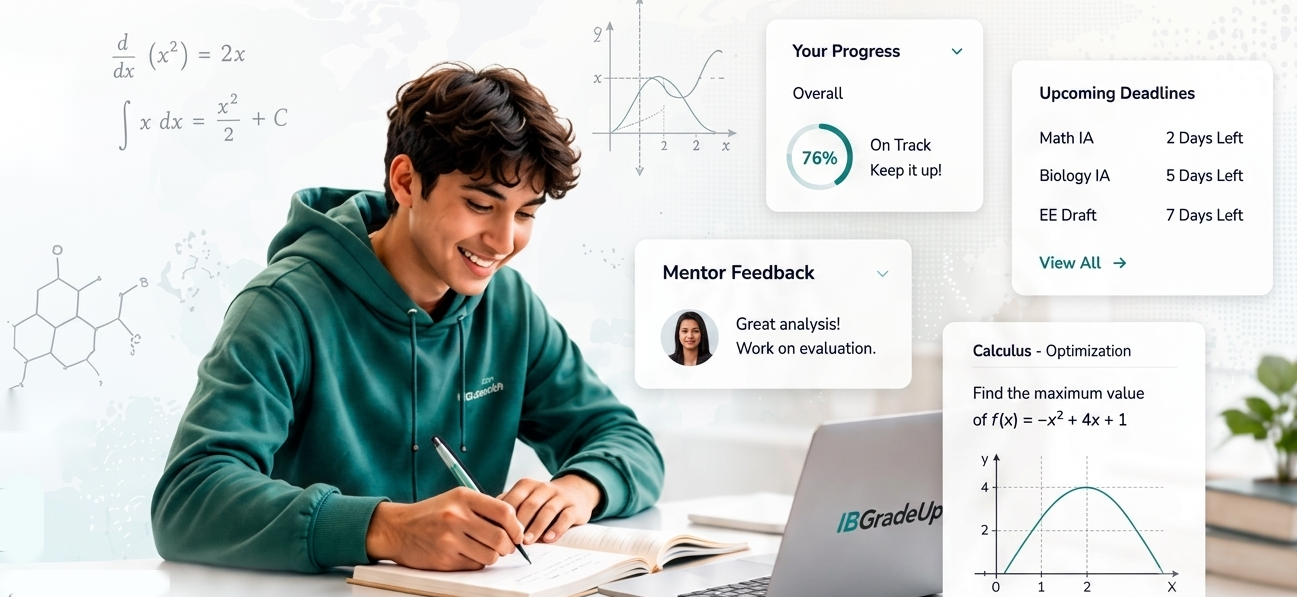 IB student studying with progress, deadline, feedback and calculus panels